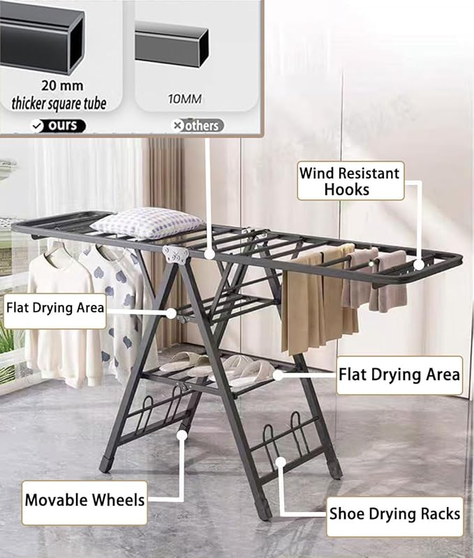 Mimiblack Heavy Duty Clothes Drying Rack Foldable with Wheels, 71'' Extra-Thick Metal Laundry Dryer Stand, 27 Rods Free-Standing for Indoor/Outdoor Windproof Use - Large Size-Ruum Studio Home