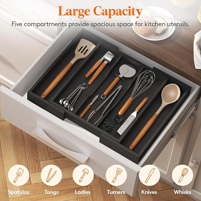 Lifewit Utensil Organizer for Kitchen Drawer, Expandable Cooking Utensil Tray, Bamboo Cutlery Silverware Flatware Holder, Adjustable Spatula Tools and Gadgets Storage Divider, Large, Black-Ruum Studio Home