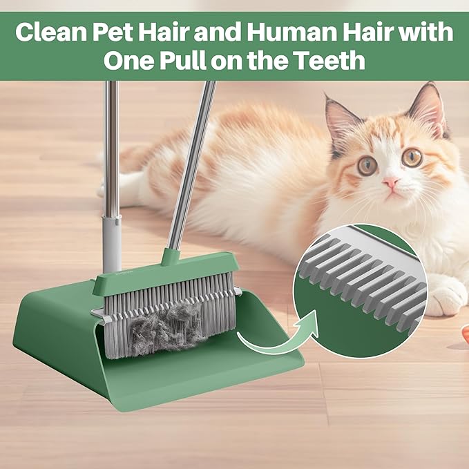 JOYMOOP Dark Teal Green Broom and Dustpan Set with 56” Handle, Upright Angle with Comb Teeth for Pet Hair and Hardwood Floors-Ruum Studio Home