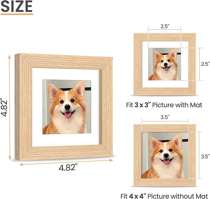 upsimples 4x4 Picture Frame, Natural Solid Wooden Picture Frames, Display 3x3 with Mat or 4 x 4 Without Mat, Wall or Tabletop, 1 Pack, Natural-Ruum Studio Home