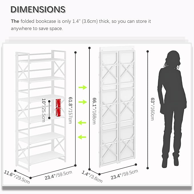 4NM 6 Tiers No Assembly Book Shelves, 61.8" H Folding Bookshelf Bookcase Open Industrial Foldable Shelves for Bedroom, Living Room, Home Office - All White-Ruum Studio Home