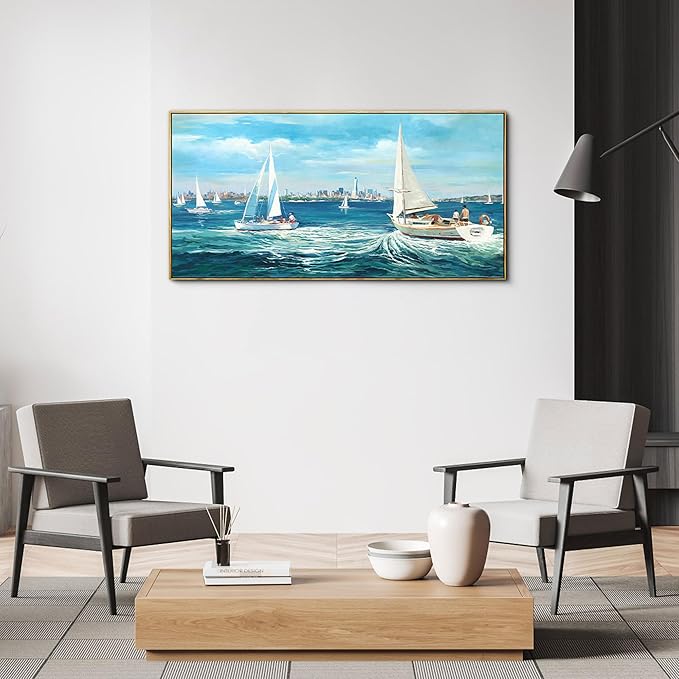 XLSJERST Blue Canvas Wall Art Seascape Painting - Landscape Picture Textured Navy Modern Sailboat Ocean Artwork Framed for Living Room Bedroom Bathroom Home Office Wall Decor Large Size 20"x40"-Ruum Studio Home