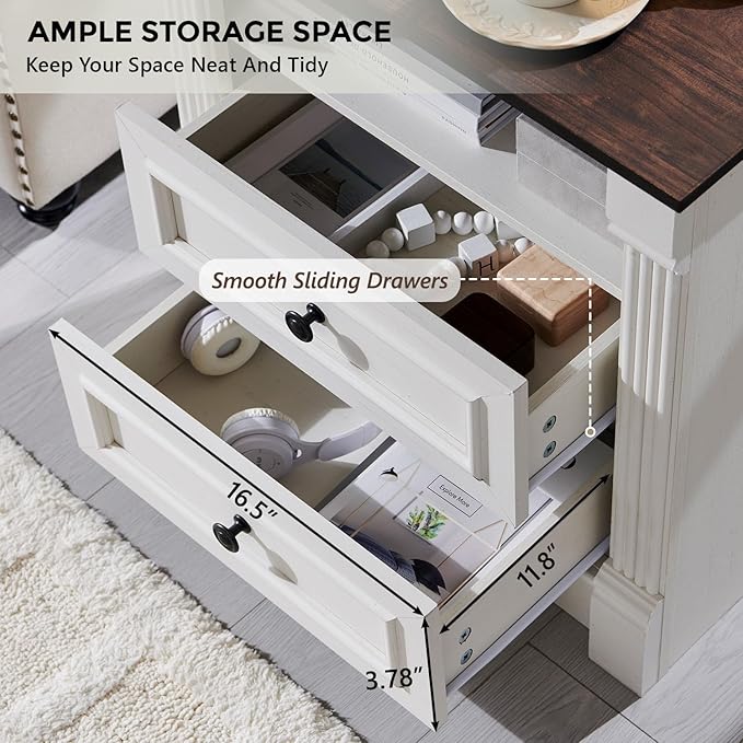 26" Tall Farmhouse Nightstand, 2 Drawers End Table w/Charging Station, 23.6" Wide Large Side Table w/Roman Column, Wood Rustic Sofa Table w/Open Shelf, Bedside Table for Bedroom, White-Ruum Studio Home