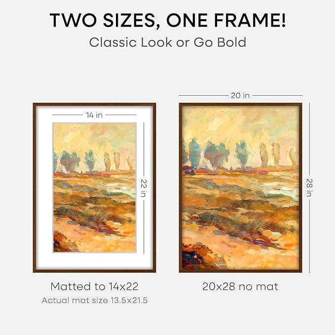Homeforia 20x28 Picture Frame Brown, High End Dark Oak 20x28 Walnut Wooden Poster Frames with Mat 14x22, 20 x 28 Wood Frame Matted to 14 by 22, 28x20 Hanging Frames, Tempered Glass, Wall Kit, Set of 1-Ruum Studio Home