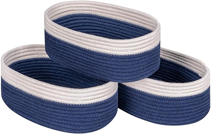Off White&Navy Shelf Basket to Store and Organize Household Items/Baskets&Bins for Daily Storage &Organizing/Woven Rope Basket for Living Room, Bedroom,Small Oval-13x8.66x5.11’’,3 Packs-Ruum Studio Home