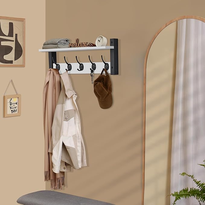 Sorbus Coat Hooks Wall Mount with Shelf – 24 Inch Coat Rack Wall Mount with 5 Heavy Duty Hooks – Floating Wall Shelf with Hooks for Entryway, Bathroom, Bedroom, Kitchen, or Mudroom (White)-Ruum Studio Home