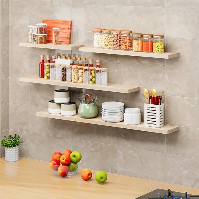 SAUMONIERES Floating Shelves 8 Inch Deep Solid Wood Wide Wall Shelf Set of 2 Wall Mounted for Bedroom Bathroom Living Room Kitchen, 36 Inch Natural-Ruum Studio Home