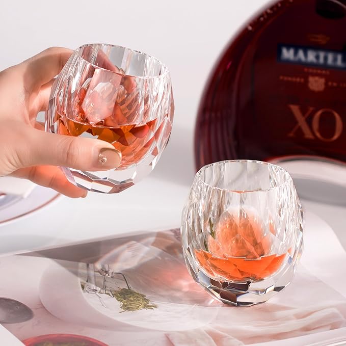 KAMMAK Crystal Whiskey Glasses Set of 2, Handcrafted Old Fashioned Glasses Stemless, 3.71oz Hand Blown White Cocktail Glasses, Engagement Gifts for Couples, Women, Men-Ruum Studio Home