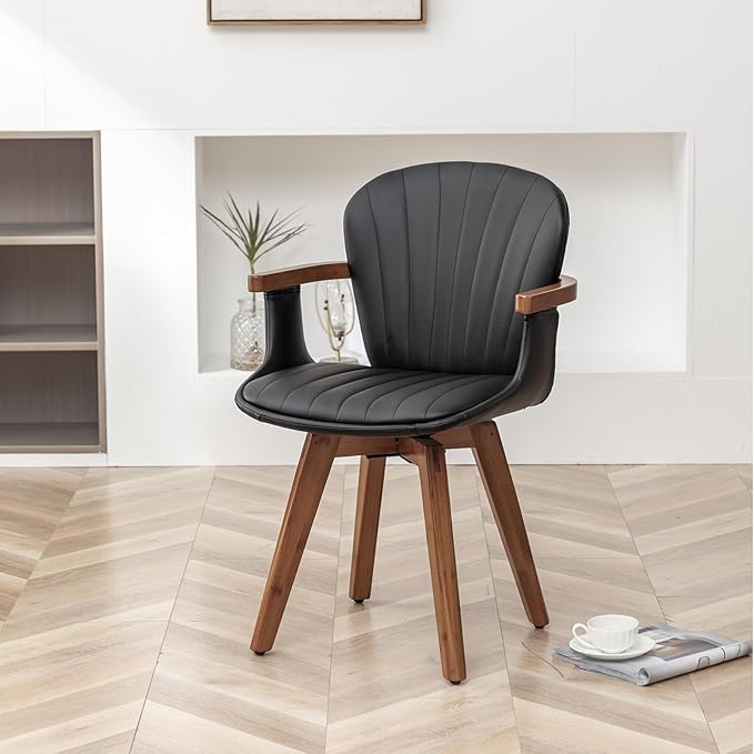 LUNLING Swivel Dining Room Chairs Set of 2, Mid Century Modern Black Faux Leather Kitchen Chairs with Arms,Bamboo Legs Side Chairs No Wheels,Accent Chair for Dining Rooms and Offices-Ruum Studio Home