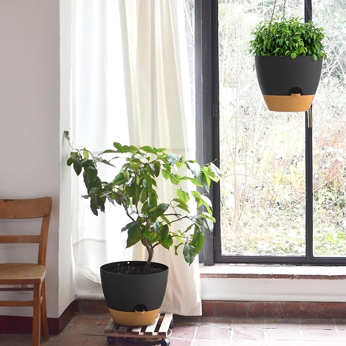 ZMTECH 12 Inch Hanging Planters for Indoor Outdoor Plants, 1 Pack Self Watering Hanging Plant Pots with Drainage Holes and Removable Saucer, Plastic Flower Hanging Pots with Watering Lip (Black)-Ruum Studio Home