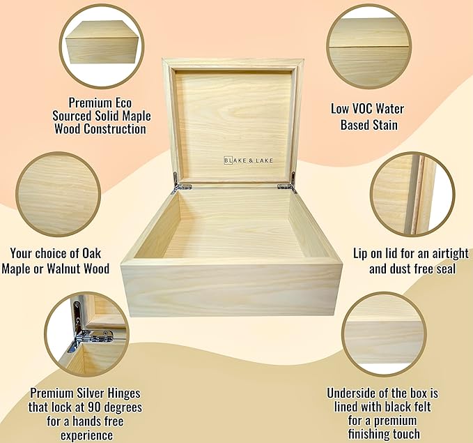 Blake & Lake Wooden Box with Hinged Lid - Solid Maple Wood Eco Box - Wood Storage Box with Lid - Wooden Keepsake Box - Decorative wooden boxes with lids (Maple)-Ruum Studio Home
