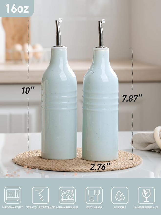 famiware Jupiter 16oz Ceramic Olive Oil Dispenser Bottle, Olive Oil and Vinegar Dispenser Bottle Set of 2 with Stainless Steel Pourers, Suitable for Storage Vinegar, Liquids, Light Blue-Ruum Studio Home
