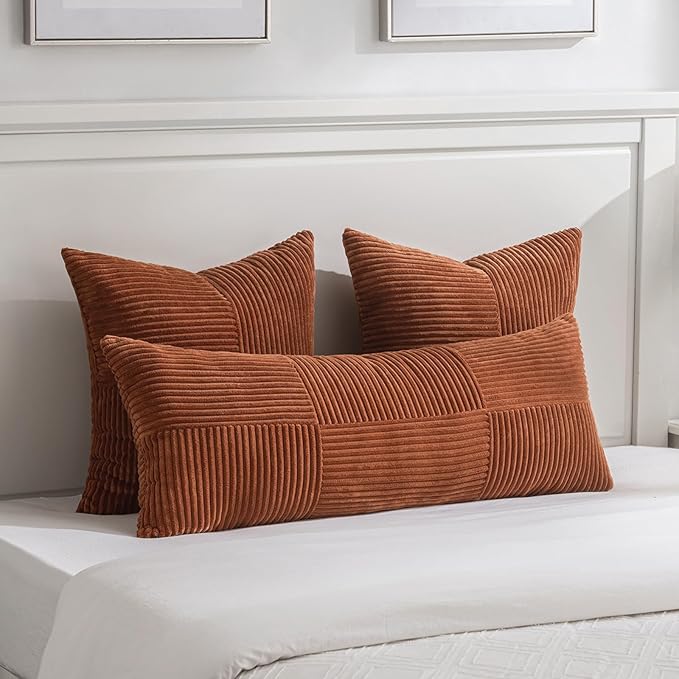 Fancy Homi 2 Packs Rust Big Decorative Throw Pillow Covers 24x24 Inch for Living Room Couch Bed, Rustic Farmhouse Boho Home Decor, Soft Corss Corduroy Patchwork Square Terracotta Cushion Case 60x60 cm-Ruum Studio Home