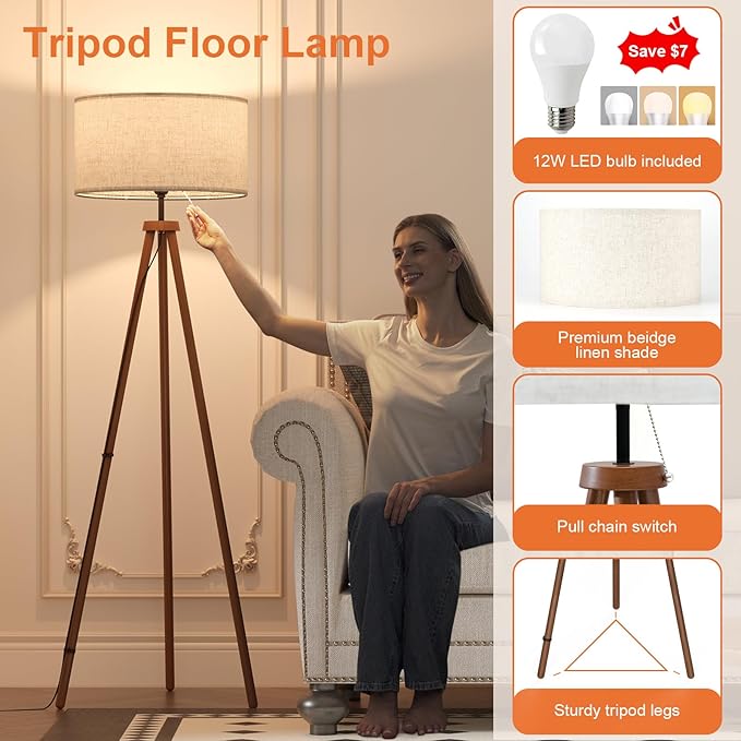 LiteHistory Wood Tripod Floor Lamps for Living Room, Bedroom, and Office,Standing lamp with Beige Linen Shade, 12W Three-Color Bulb Included, Pull Chain Switch, Tall lamp for Mothers Day Gifts, Brown-Ruum Studio Home