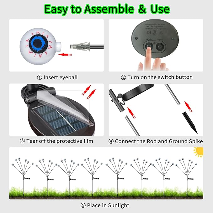 VOTTGO Halloween Solar Lights Outdoor, 8 Pack 48LED Scary Solar Eyeball Pathway Lights, 2 Modes Waterproof Swaying Solar Firefly Lights for Garden Yard Pathway Halloween Decorations, Green-Ruum Studio Home
