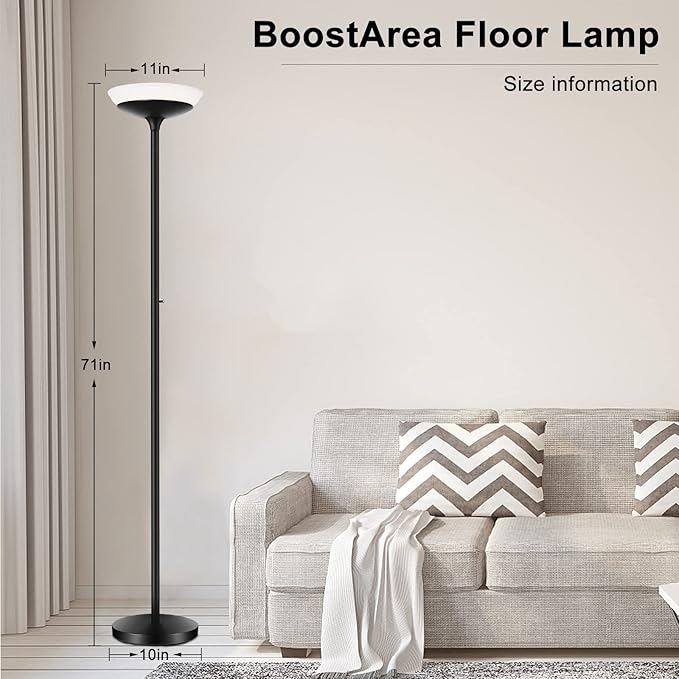 BoostArea Torchiere Floor Lamp, 30W Super Bright LED Standing Lamp, Stepless Dimmable Pole Lamp with 3000K Lighting, Rotary Switch, 70 Inch Tall Metal Modern Floor Lamps for Living Room/Bedroom Black-Ruum Studio Home