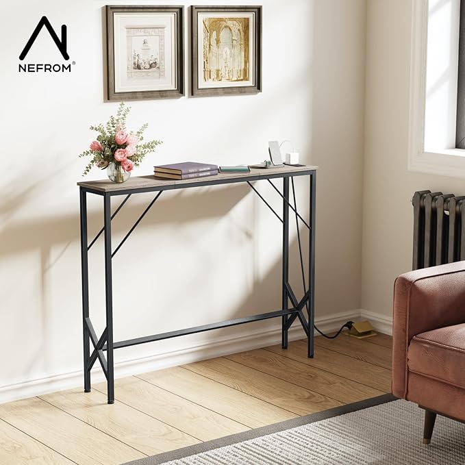 Console Table, Skinny Entryway Table with Fast-Charging Station, Narrow Long Sofa Table, Behind Slim Couch Table for Entrance, Hallway, Living Room Decor ST-GY100-1-Ruum Studio Home
