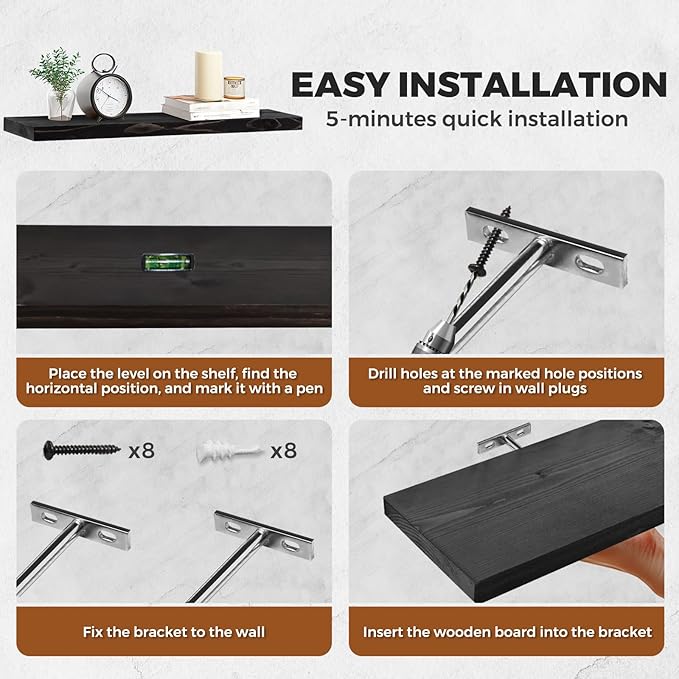 Floating Wall Shelves 2-Pack - Rustic Black 16-inch Wooden Wall Shelves for Storage and Décor, Multi-Functional and Easy to Install for Living Room, Bedroom, and Kitchen-Ruum Studio Home