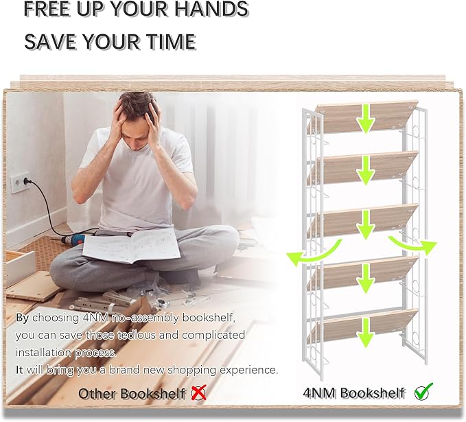 4NM No Assembly 5 Tiers Folding Bookshelf, 59.4" H Foldable Storage Shelves Vintage Bookcase Standing Racks Study Organizer Home Office - Natural White-Ruum Studio Home