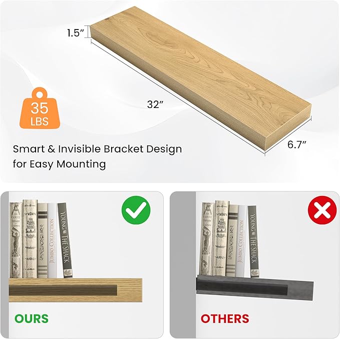 Floating Shelves for Wall, 31.5" W x 6.7" D x 1.5" H, Wooden Wall Mounted Display Shelves with Invisible Brackets for Living Room, Bedroom, Bathroom, Kitchen Decor and Storage, Set of 2, Oak-Ruum Studio Home