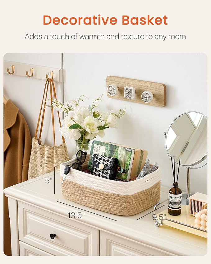 KALLAX Small Woven Basket, 13.5 x 9.5 x 5 Inches, Storage Basket for Organizing, Cute Small Rope Shelf Closet Cube Storage Bins Baskets for Shelves, Dog Toy Gift Baskets Empty, 3 Pack White & Brown-Ruum Studio Home