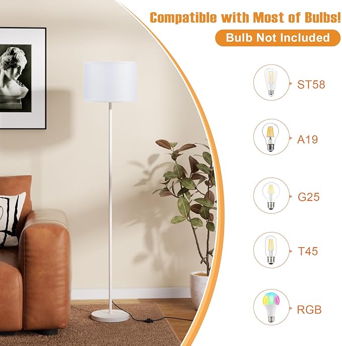 Ambimall 60'' Modern Floor Lamp with Shade, Tall Lamps for Living Room, Bedroom, Office, Dining Room, White Shade with White Pole(Without Bulb)-Ruum Studio Home