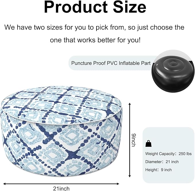 Inflatable Ottoman Stool D21 xH9 for Outdoor/Indoor Use, Water Repellent Patio Foot Rest with Portable Handle,Round Pouf Ottoman Suitable for Garden,Deck and Camping - Boho Geometry Blue-Ruum Studio Home