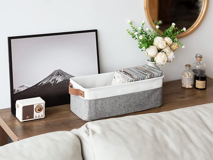 StorageWorks Narrow Storage Bins, Small Basket for Closet and Shelves, Fabric Organizer with Handles, Toilet Paper Storage, Grey and White, 2-Pack-Ruum Studio Home