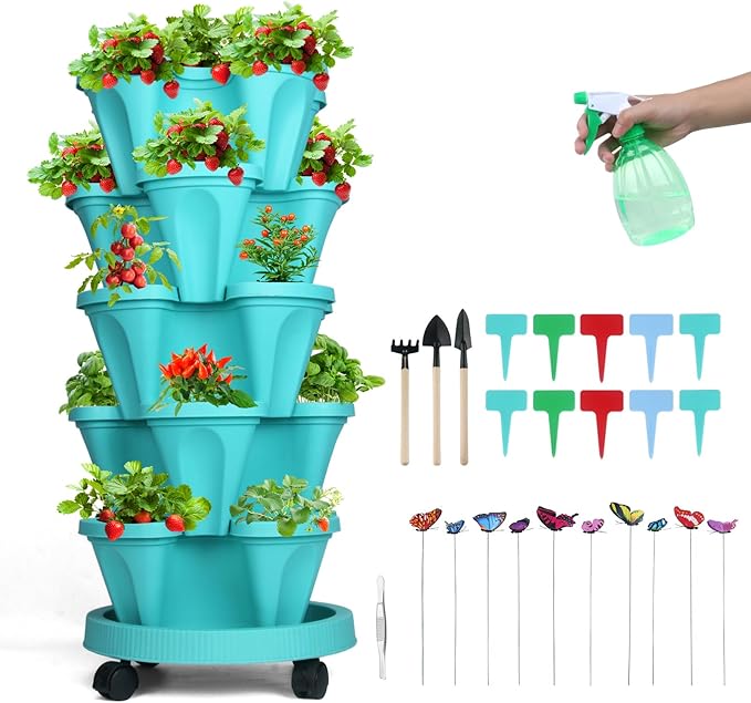 Vertical Planter, 5 Tier Stackable Strawberry Planter with Garden Tool Set, Movable Indoor/Outdoor Garden Herb Pot for Growing Vegetables and Succulents, Teal-Ruum Studio Home