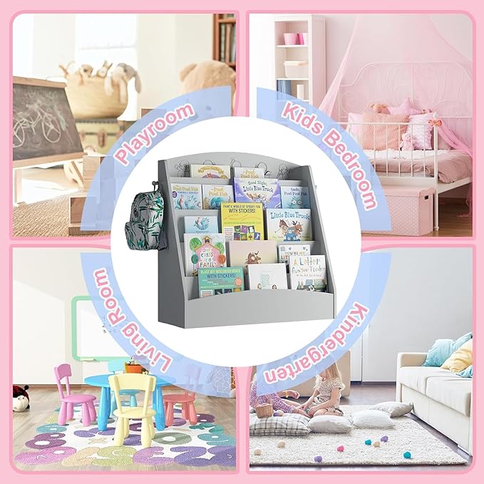 5-Tier Kids Bookshelf Montessori Toddler Book Rack Baby Bookcase Floor Front Facing Magazine Display Shelf for Bedroom Playroom Nursery Classroom Kindergarten Wood (Gray)-Ruum Studio Home