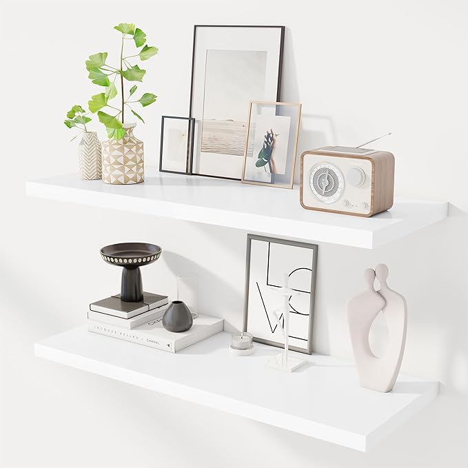 36" Floating Shelves for Wall, 12" Deep Slim White Floating Shelves, Wall-Mounted Shelves for Bedroom, Living Room, Kitchen, Bathroom - Set of 2-Ruum Studio Home
