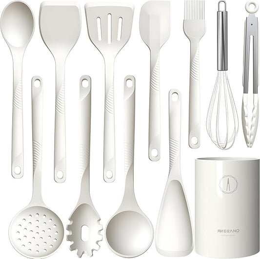 Silicone Cooking Utensils Set - 600°F Heat Resistant, Nonstick Kitchen Utensil Set with Spatulas, Spoons, Whisk, Tongs, BPA Free, Dishwasher Safe, Cream White-Ruum Studio Home