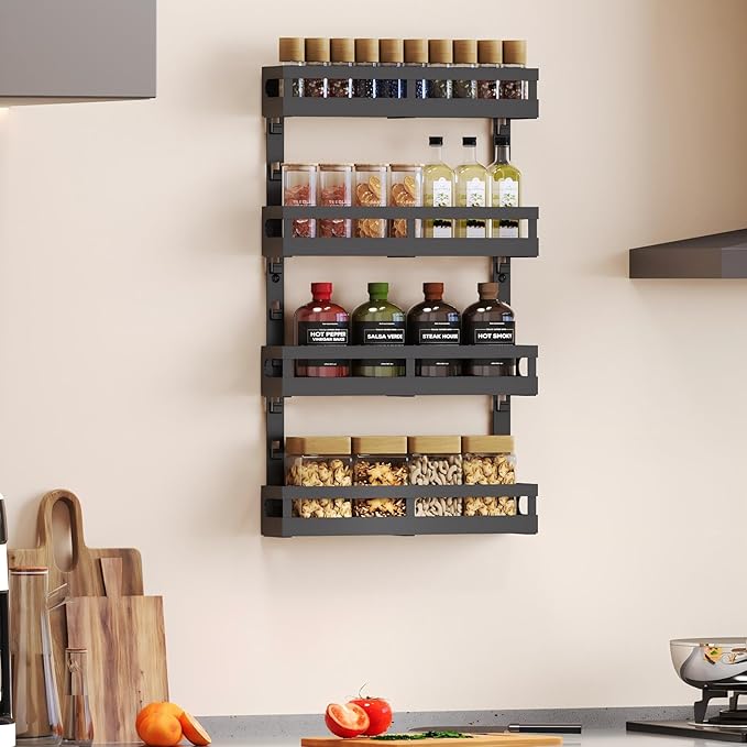 4-Tier Small Wall Mounted Spice Rack Organizer, Hanging Spice Shelf for Cabinet or Pantry, Height-Adjustable Seasoning Holder for Kitchen Storage, Black-Ruum Studio Home