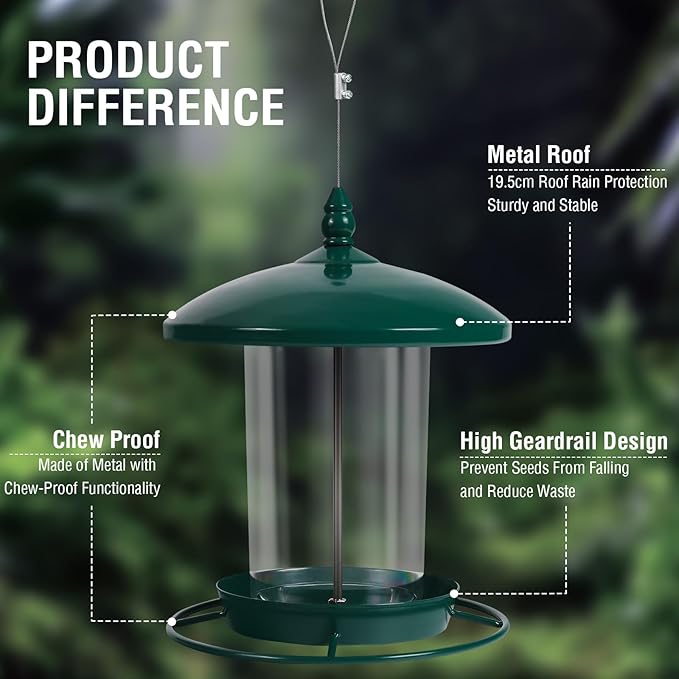 Metal Bird Feeder for Outdoors Hanging,3.0LB Seed Feeder,Easy to Fill & Clean,360° Feeding,Chew Proof Weatherproof Roof for Gardens and Wild Birds,Green-Ruum Studio Home