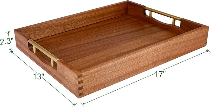 LotFancy Wood Serving Tray with Metal Handles, 17x13 Inch, Large Ottoman Tray, Decorative Wooden Tray for Living Room, Ottoman, Coffee Table, Countertop Centerpiece-Ruum Studio Home