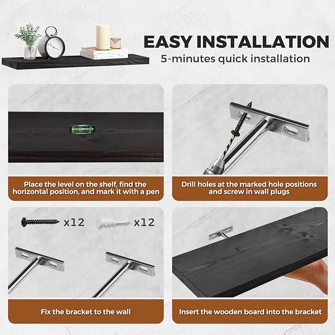 Floating Wall Shelves 2-Pack - 24-Inch Rustic Black Wooden Shelves for Storage and Décor, Easy Installation for Living Room, Bedroom, and Kitchen-Ruum Studio Home