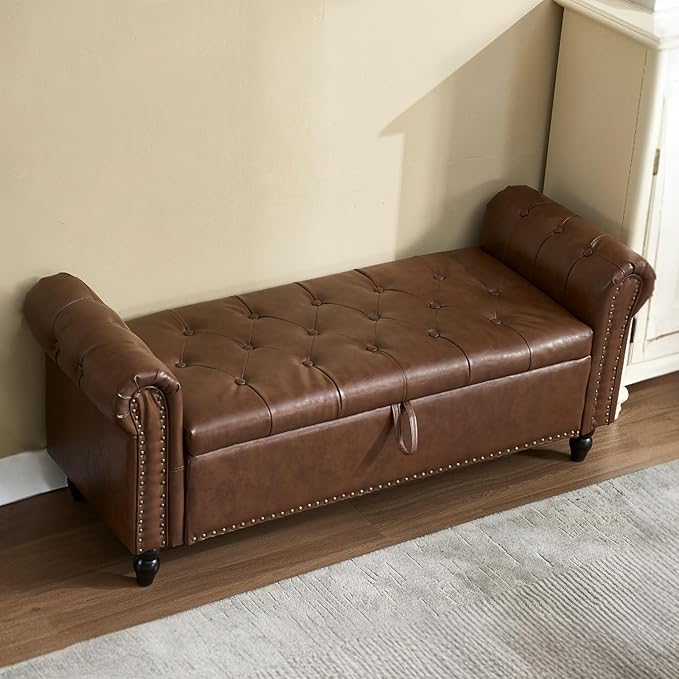 Furniliving 55” End of Bed Bench, Bedroom Bench with Button-Tufted, Large Upholstered Storage Ottoman Entryway Bench with Storage Shoe Cabinet Bench, for Bedroom, PU, Brown-Ruum Studio Home