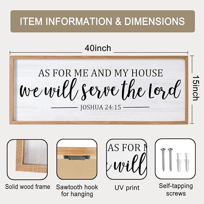 As For Me And My House We Will Serve The Lord Framed Wall Art, 40''×15'' Positive Religious Rustic Bible Verse for Christian God Jesus Christ Prayer, Vintage Long Holy Catholic Scripture Decor-Ruum Studio Home