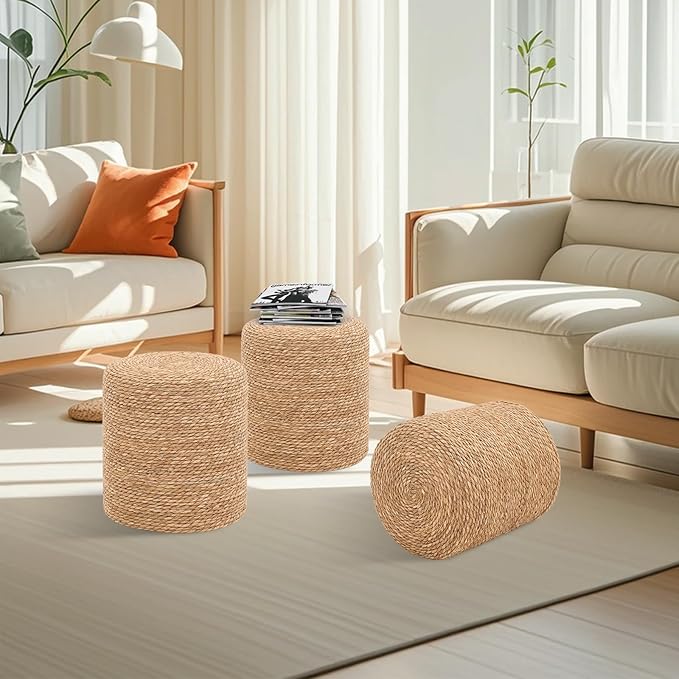 16'' Round Ottoman Natural Seagrass Braided Poof Hand Weaving Round Ottomans Boho Footrest Stool for Home Living Room Bedroom Patio(Natural)-Ruum Studio Home