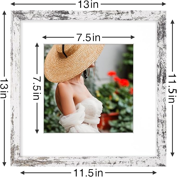 Vittanly 12x12 Picture Frames Set of 9, Shatter Resistant Plexiglass, Display 8x8 Pictures with Mat or 12x12 without Mat, Photo Frames for Wall Mount, Engineered Wood, Distressed White-Ruum Studio Home