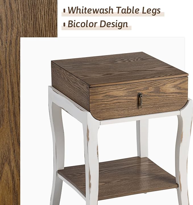 COSIEST Rustic Nightstand, 2-Tier Farmhouse Bedside Table, Wood Accent End Table with Storage Drawer and Open Display Shelf for Bedroom Nursery Living Room(Walnut)-Ruum Studio Home