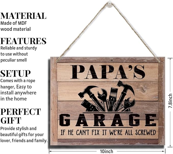 Rustic Sign, Father's Day Gift, Dad's Gift, Grandpa's Gift, Decor Hanging Wood Signs, Printed Wood Wall Art Sign, Papa's Garage, If He Can't Fix It We're All Screwed, Vintage Sign Gift for Grandpa-Ruum Studio Home