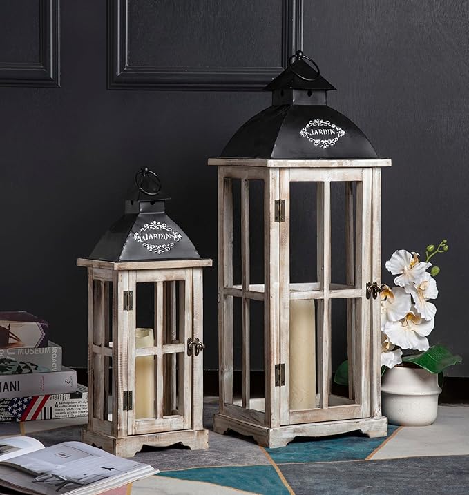 Set of 2 Large Decorative Wooden Metal Lanterns, Farmhouse Rustic Floor Candle Lanterns, Indoor/Outdoor Hanging Lanterns for Home Decor (No Glass)-Ruum Studio Home