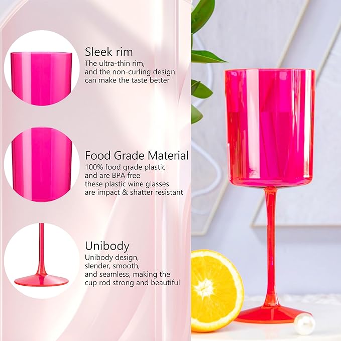 Ciaell 12 Pack Plastic Wine Glasses - 10Oz Hot Pink Plastic Wine Glasses With Stem - Disposable Stemmed Cups for Parties & Weddings-Ruum Studio Home