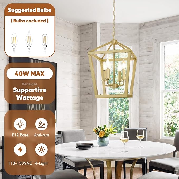 Gold Chandelier 4-Light, Farmhouse Pendant Light Fixture Adjustable Height, Modern Dining Room Light Fixture, Lantern Ceiling Hanging Lighting with Metal Cage for Kitchen Island Entryway Foyer-Ruum Studio Home