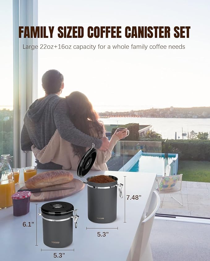HAIOOU Airtight Coffee Canister, 22OZ +16OZ 2 Piece Stainless Steel Coffee Bean Storage Container with Date Tracker, Measuring Scoop, 6Pcs CO2 Valves, Mini Tongs for Coffee Bean, Grounds - Grey-Ruum Studio Home