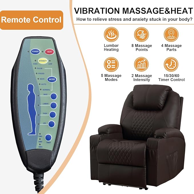 AHMED Power Recliner Chair with Vibration Massage & Heat for Adults, Faux Leather Home Theater Seating with Cup Holders/LED Lights/USB Ports/Side Pockets for Living Room, Brown-Ruum Studio Home