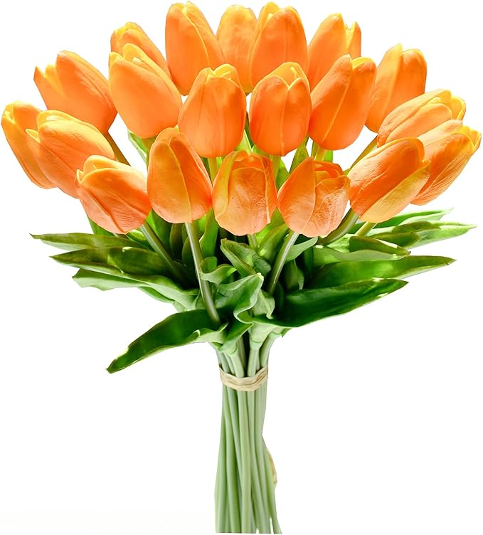 Mandy's Artificial Tulips 20 Stems Orange PU Faux Flowers for Wedding Home Decor 13.5 Inch-Ruum Studio Home