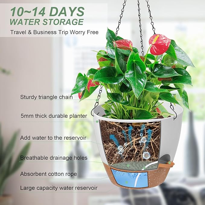 Hanging Planters for Indoor Outdoor Plants, 1 Set Self Watering Hanging Pot with Drainage Holes & Removable Tray (White-12inch, 12'')-Ruum Studio Home
