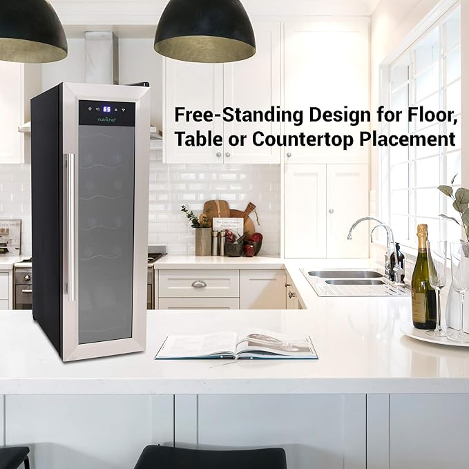 NutriChef PKCWC12 12 Bottle Cooler Refrigerator White and Red Countertop Chiller, Freestanding Compact Mini Wine Fridge with Digital Control, Stainless Steel-Ruum Studio Home